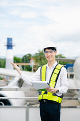 Male aviation engineer in safety gear inspecting an airplane engine, embodying professionalism