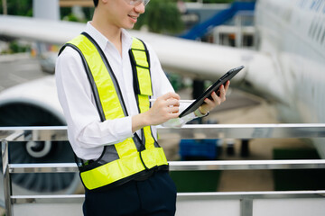 Male aviation engineer in safety gear inspecting an airplane engine, embodying professionalism