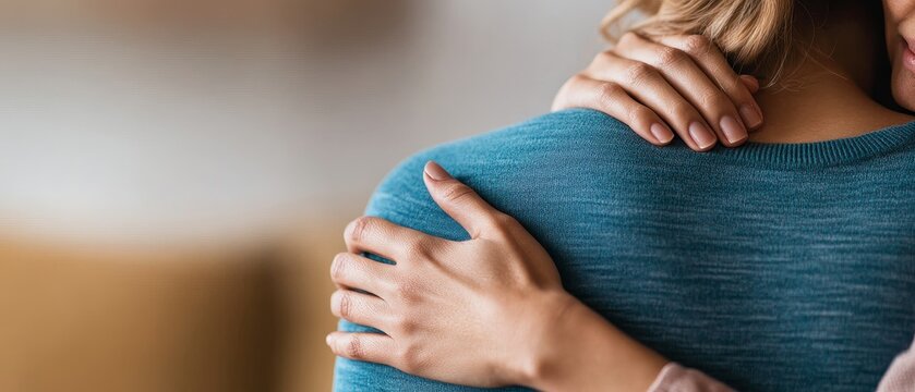 woman receiving comforting touch on shoulder, empathy, support, compassionate gesture, close up