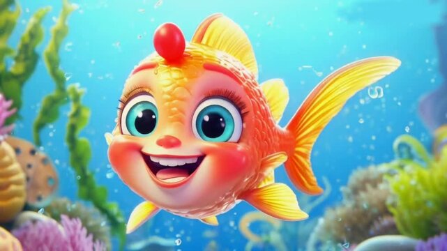 Cheerful cartoon mermaid fish character with cute smile. Sweet fruit, happy funny water personage. Healthy concept High quality HD 4K video