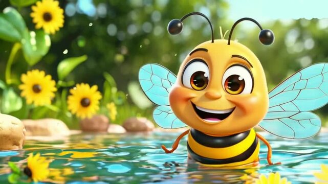 Cheerful cartoon bee character with cute smile. Sweet fruit, happy funny water personage. Healthy concept High quality HD 4K video