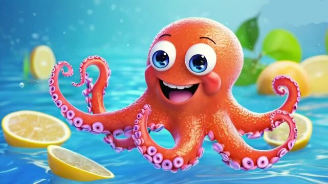 Cheerful cartoon octopus fish character with cute smile. Sweet fruit, happy funny water personage. Healthy concept High quality HD 4K video