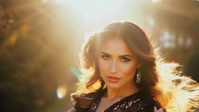 Closeup of a models glowing complexion and bold eyebrows wearing a bohemianinspired maxi dress with flowing ruffles.