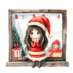 a super cute cartoon lovely Girl wearing santy costume and Window Displays - Decorative storefronts showcasing products, single object, watercolor illustration