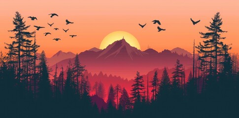 Silhouetted Forest at Sunset with a Mountain Range