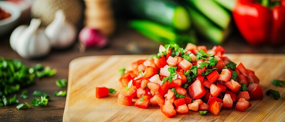 freshly chopped red bell pepper salsa on wooden cutting board with green onions and blurred background of fresh vegetables.