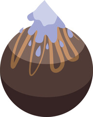 Round chocolate candy with a white chocolate drizzle on top is dripping down the sides of the candy