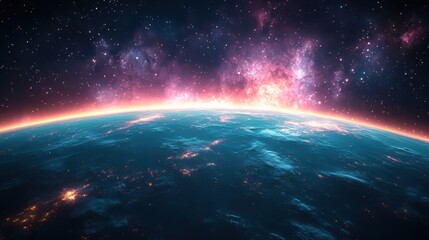 Fototapeta premium Blue planet with stars and a pink nebula, suitable for spacethemed designs, astronomy concepts, educational materials, and science fiction projects.