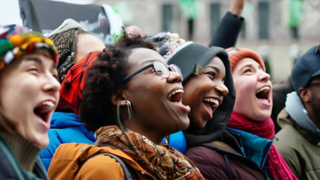 A group of people are gathered together, some of them wearing hats and scarves. They are all smiling and laughing, and one woman is holding a sign. Scene is joyful and celebratory