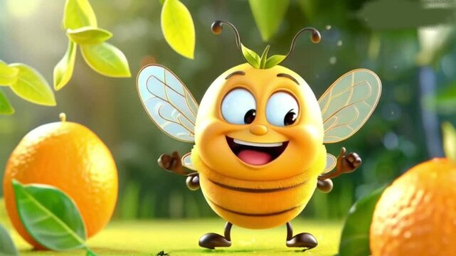 Cheerful cartoon bee character with cute smile. Sweet orange fruit, happy funny food personage. Healthy food concept High quality HD 4K video