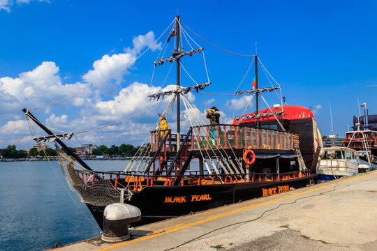 Stylized pirate ship "Black Pearl" in seaport of Pomorie, Bulgaria