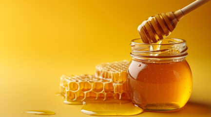 Jar of honey, honey stick and honeycomb on yellow background with space for text, created with Generative AI technology