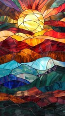 A beautiful stained glass piece features a glowing sunset illuminating layered mountains and valleys in rich colors