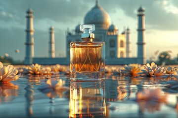 Close-Up of a Perfume Bottle Against the Taj Mahal, Showcasing Its Luxury and Scenic Backdrop