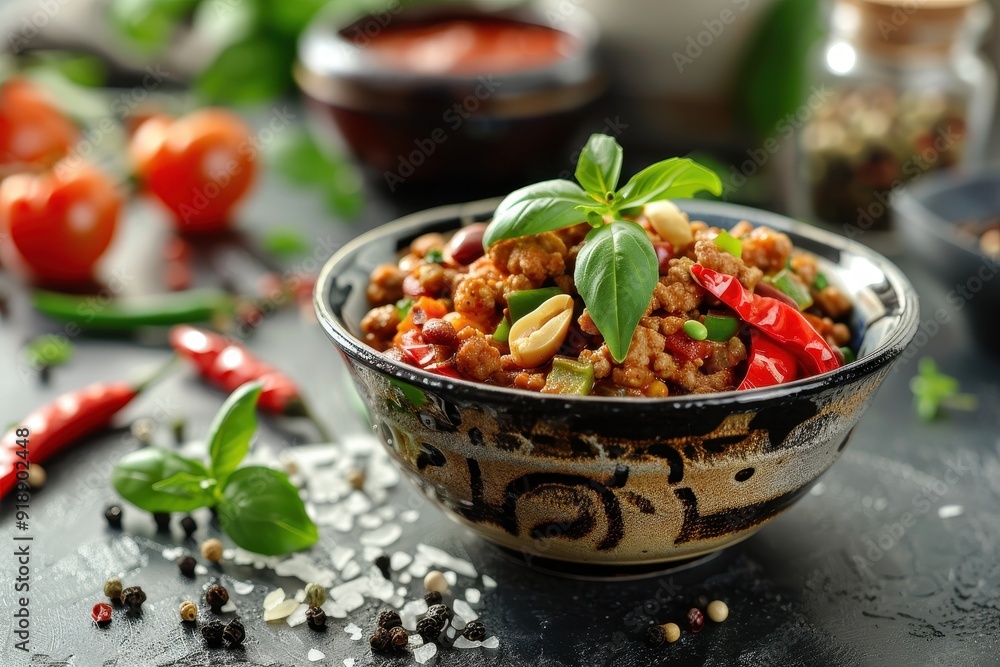 Poster table with tasty chili con carne in bowl