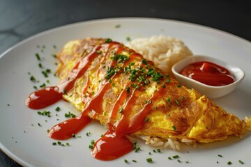 Tomato ketchup omelette rice on a white plate with black design board