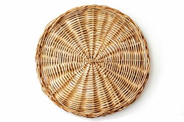 Top view of beige wicker tablecloth on white background Rustic decor