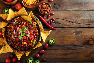 Top view of homemade Mexican chili con carne with cheese nachos red beans and ground beef on a wooden table