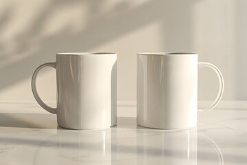 Obraz premium Two white coffee mugs on a marble table, with a soft, blurred background.
