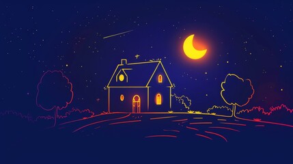 Fototapeta premium A night scene home logo with stars in line art style. 