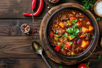 Top view of rustic style wooden table with meat vegetables and spices in goulash or chili con carne...