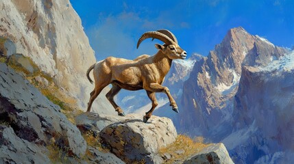 Obraz premium Graceful Ibex Navigates Rocky Mountain Cliffs - Stunning Wildlife Photography