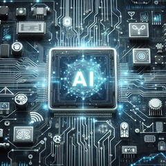 Artificial Intelligence processor unit. Powerful Quantum AI component on PCB motherboard with data transfers.