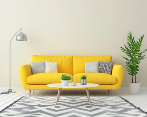 A vibrant living room in bright yellow tones with a yellow sofa, a white coffee table, a gray rug, a silver lamp, and a green plant, exuding warmth and energy