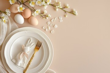 Tranquil Easter brunch elegant setup with white plate eggs bunny napkin ring golden utensils flowers on beige backdrop for messages
