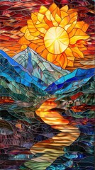 Obraz premium A radiant sun shines over mountains while a river flows through a colorful valley at sunset