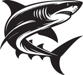 A sleek shark silhouette, gliding through the water with its sharp dorsal fin and streamlined body, exuding power and stealth..






