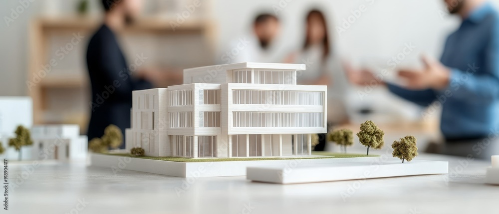 Poster architects discussing modern building design with scale model on table in office meeting.
