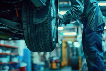 Vehicle raised in repair shop technician fixes tire
