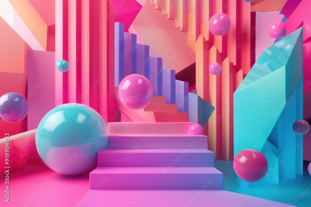 Poster a whimsical scene of a colorful room with a staircase and floating balls