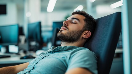 exhausted young businessman sleeping at his desk in modern office.
