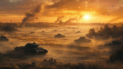 Dawn Battlefield: Tanks and Infantry Clash in Dramatic Scene