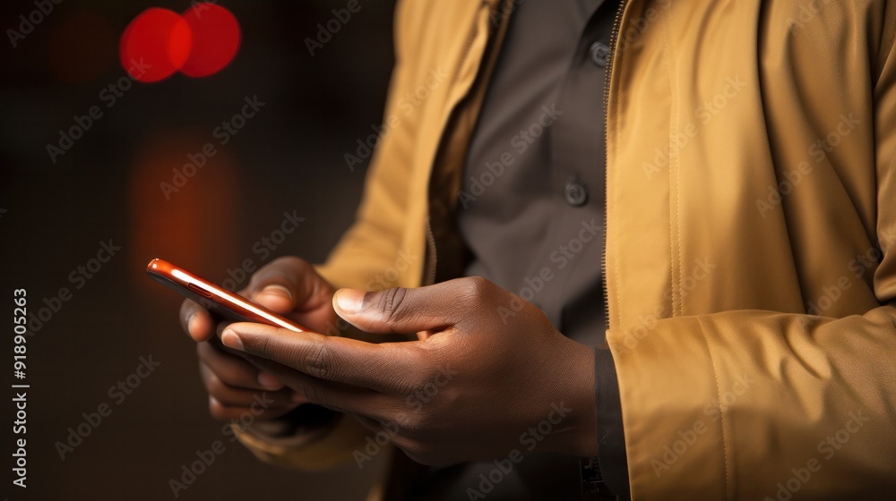 Poster a close-up view of a man checking notifications on his mobile smart phone