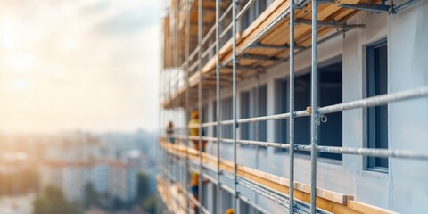 Fototapeta premium construction site with scaffolding on modern building facade - urban development and renewal in the cityscape.