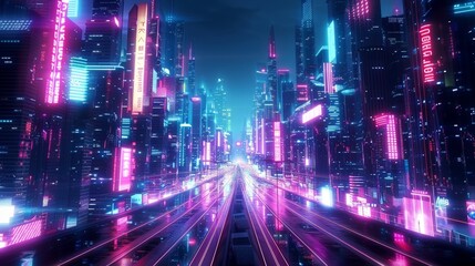 Fototapeta premium The captivating cityscape bursts with neon radiance, depicting a futuristic cyberpunk metropolis adorned with sleek, towering structures and a long, winding roadway.