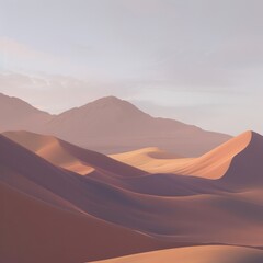 Fototapeta na wymiar Serene desert landscape with rolling sand dunes and distant mountains.