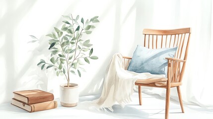A cozy bedroom in soft pastel tones with a wooden chair, a blue pillow, a white mug, a brown book, and a green plant, featuring a calm and serene atmosphere