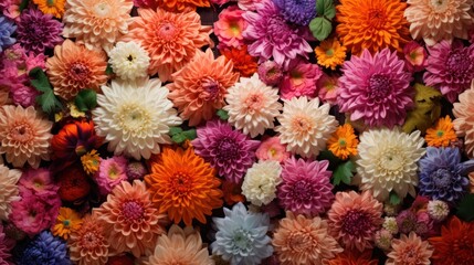 A lively and colorful wall covered in chrysanthemums of various hues such as red,