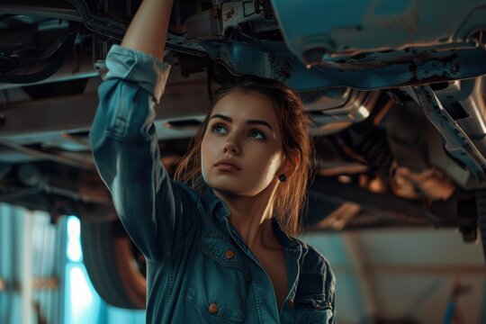 Woman mechanic inspecting car engine below lifted vehicle at auto repair shop Car maintenance by female mechanic