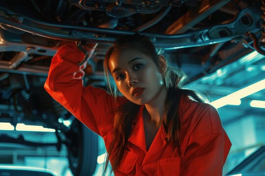 Woman mechanic inspecting car engine under lifted vehicle at garage Car maintenance and service by female technician
