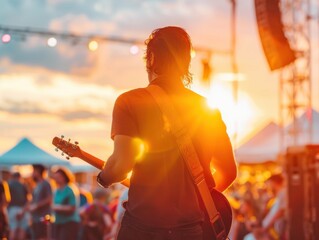 Silhouette of a guitarist performing at sunset during an outdoor music festival, with vibrant colors and energetic audience.