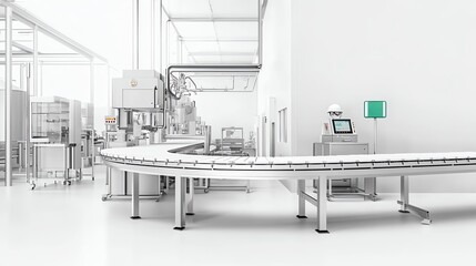 A minimalist factory in soft white tones with a white conveyor belt, a silver machine, a black control panel, a gray safety helmet, and a green safety sign, featuring a clean and orderly environment