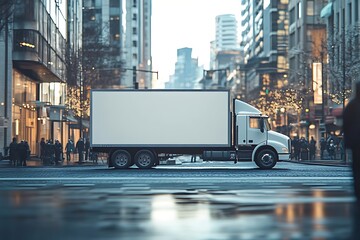 Delivery Truck in City Street with Blank Space