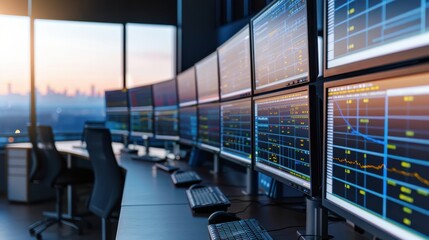 Futuristic office with multiple screens displaying data and analytics, reflecting modern technology and workspace innovation.