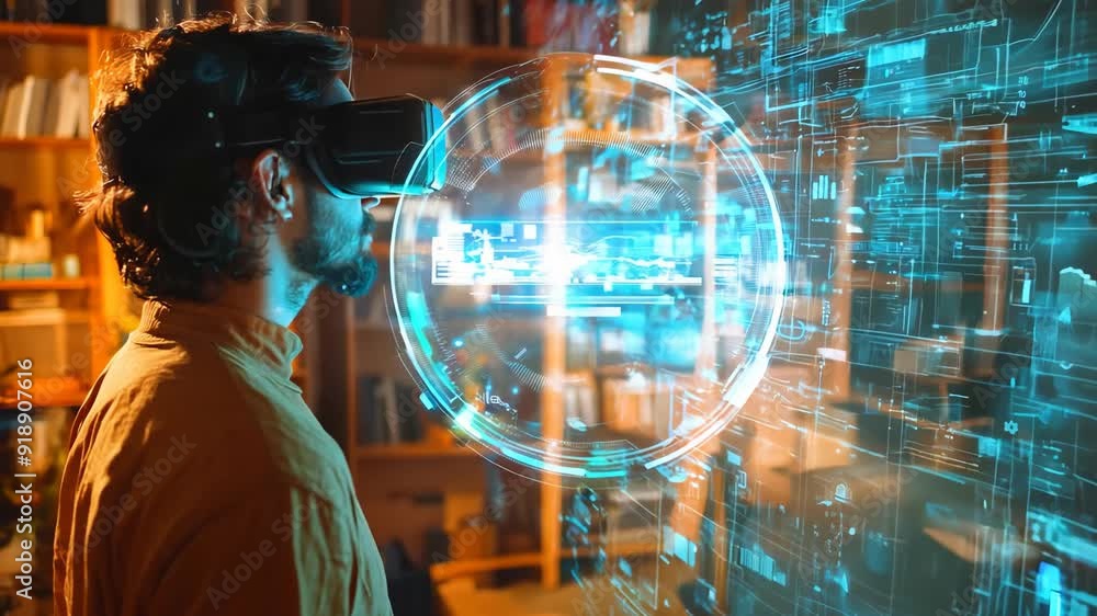 Poster exploring virtual reality technology at home in a cozy library setting during evening hours