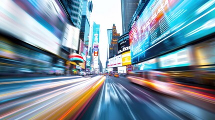 Obraz premium Dynamic cityscape showcasing vibrant lights and fast-moving traffic in an urban environment.